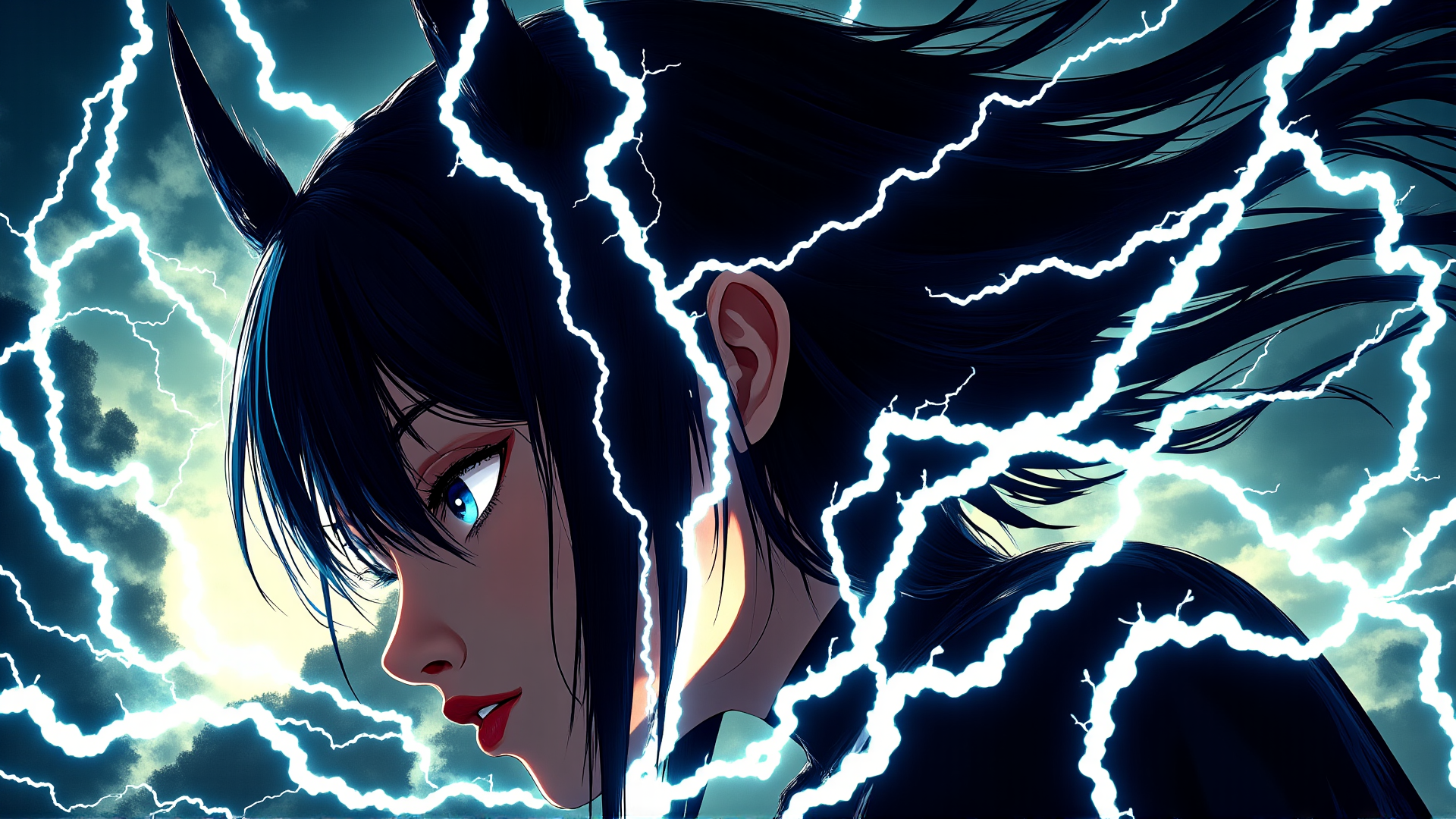 AI generated wallpaper featuring girl, devil, lightning