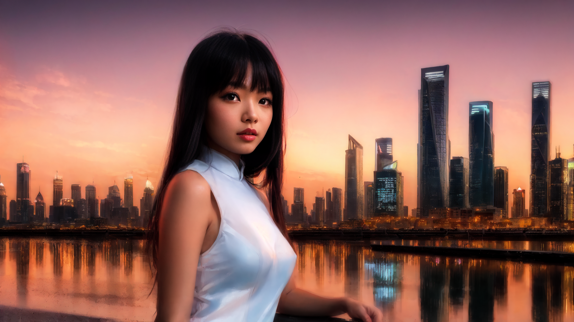 AI generated wallpaper featuring woman, cityscape, water