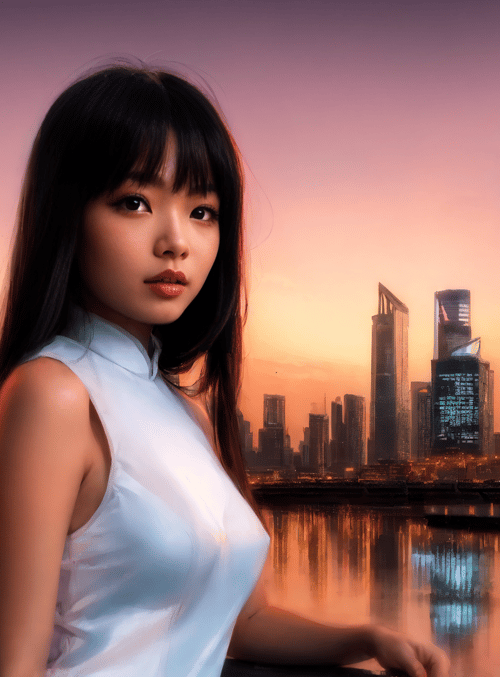 woman, cityscape, water