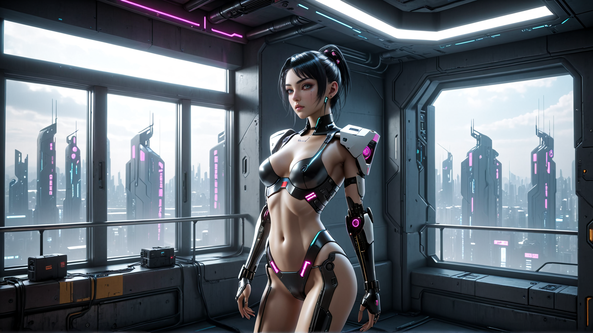 AI generated wallpaper featuring cyborg, woman, city