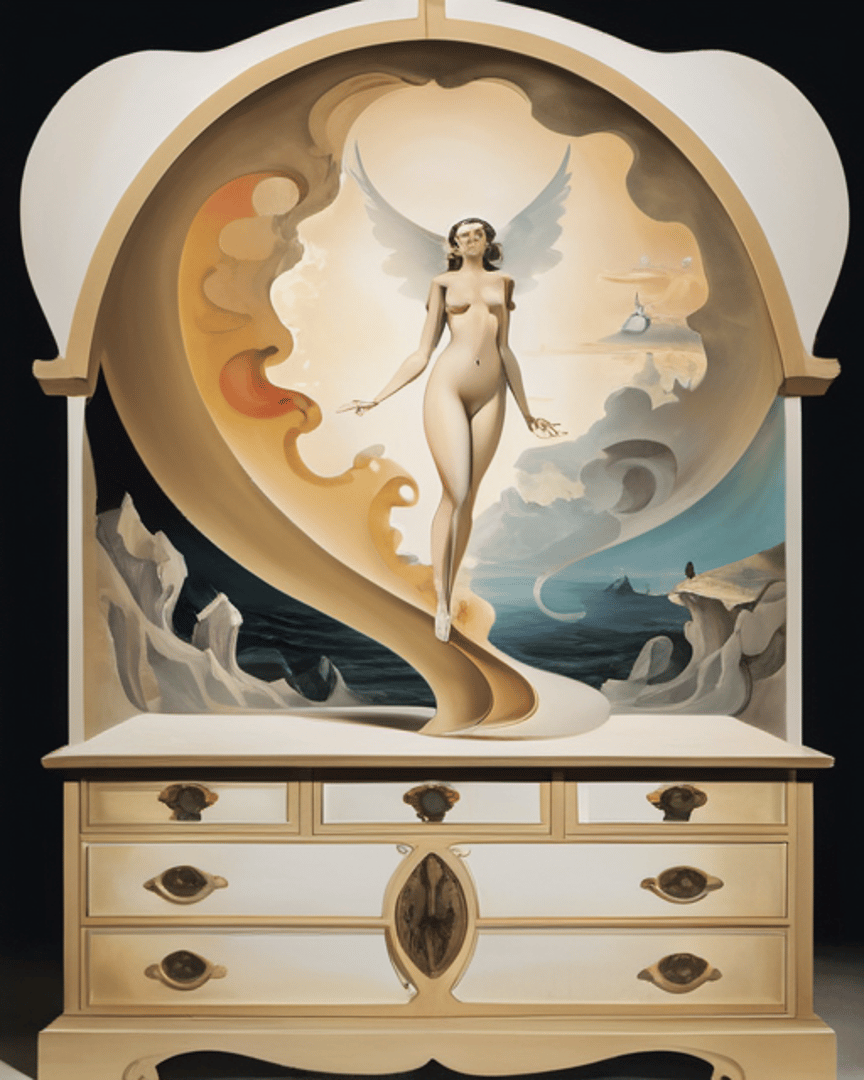 AI generated wallpaper featuring angel, dresser, cloud