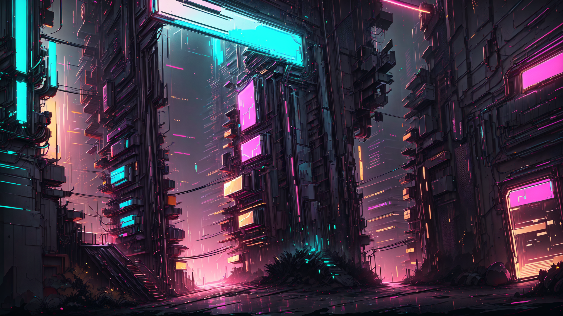 AI generated wallpaper featuring city, buildings, neon signs, streets, structures, lights, wires, plants, ladders, docks