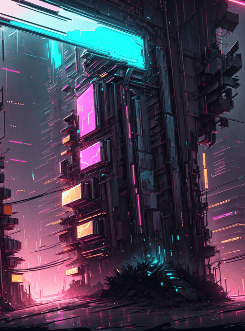 city, buildings, neon signs, streets, structures, lights, wires, plants, ladders, docks