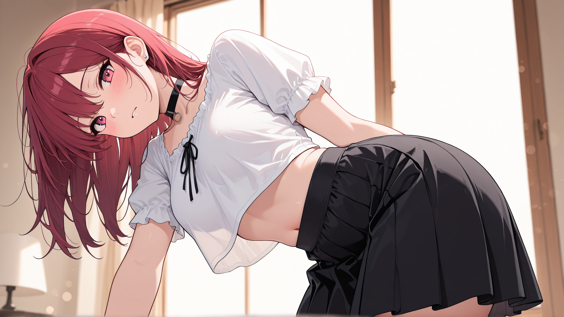 AI generated wallpaper featuring girl, anime, character, red hair, school uniform, white blouse, black skirt, choker, earrings, nose ring