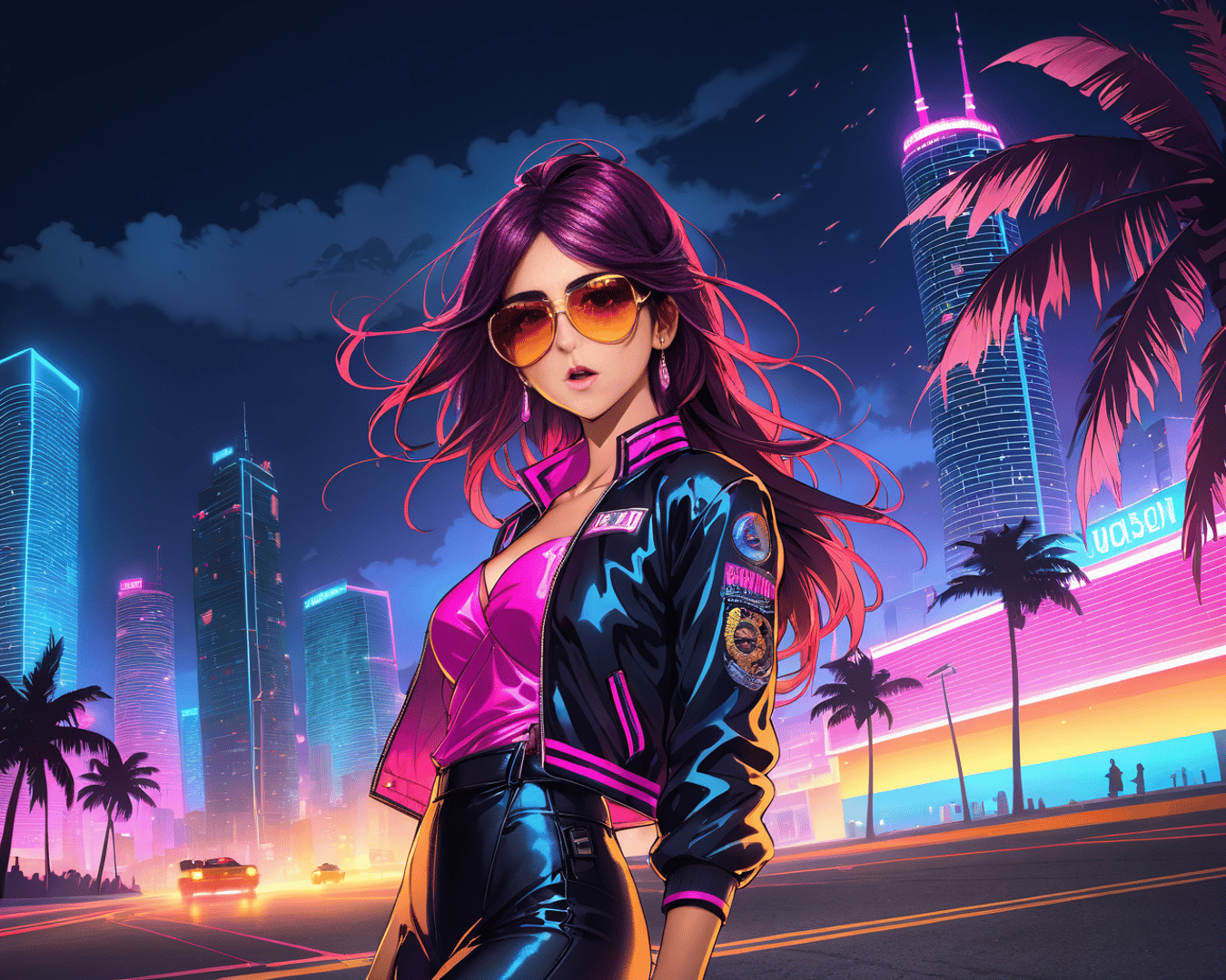 AI generated wallpaper featuring woman, city, palm tree