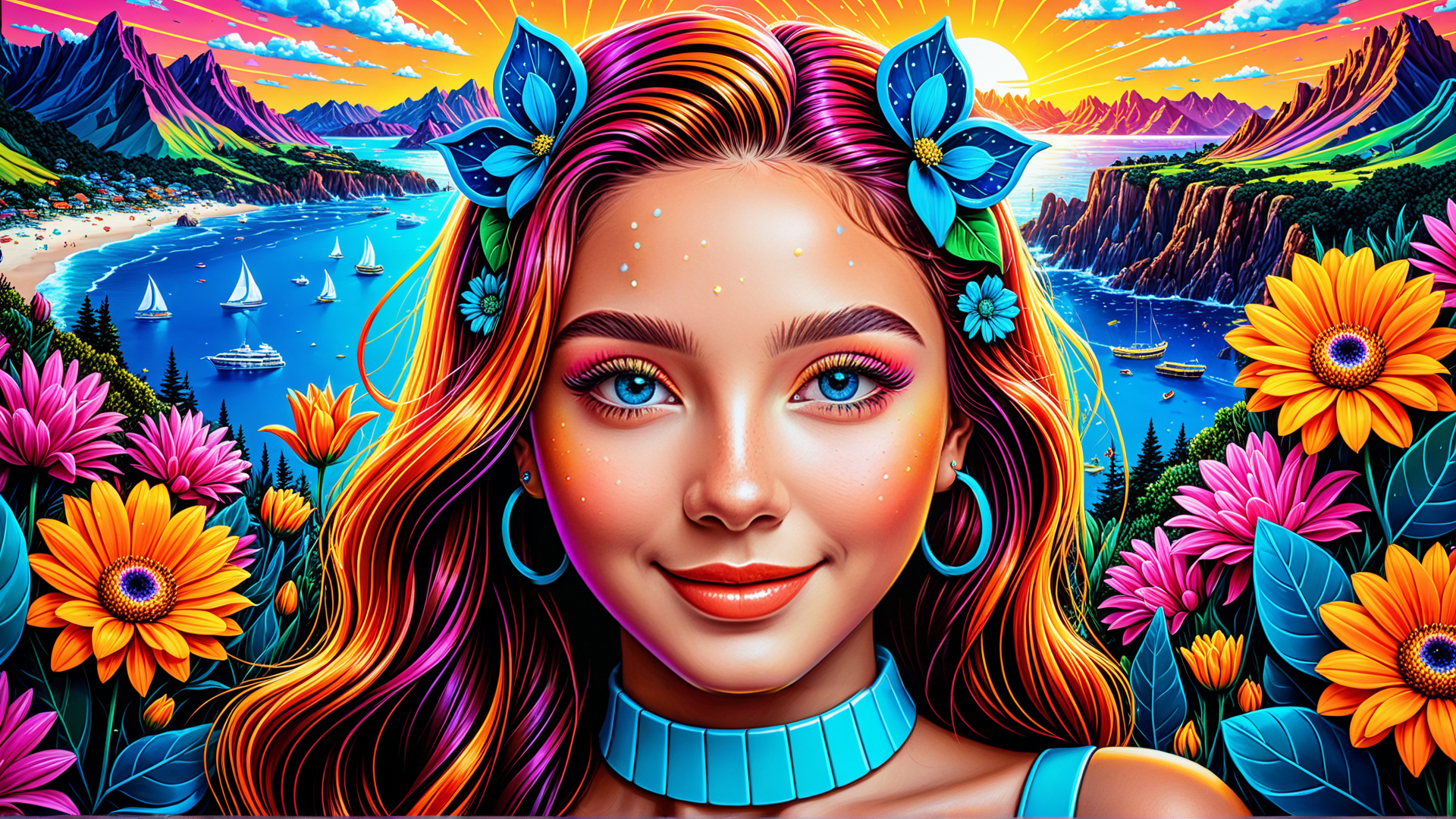AI generated wallpaper featuring woman, flowers, mountains, ocean, sailboats, sun
