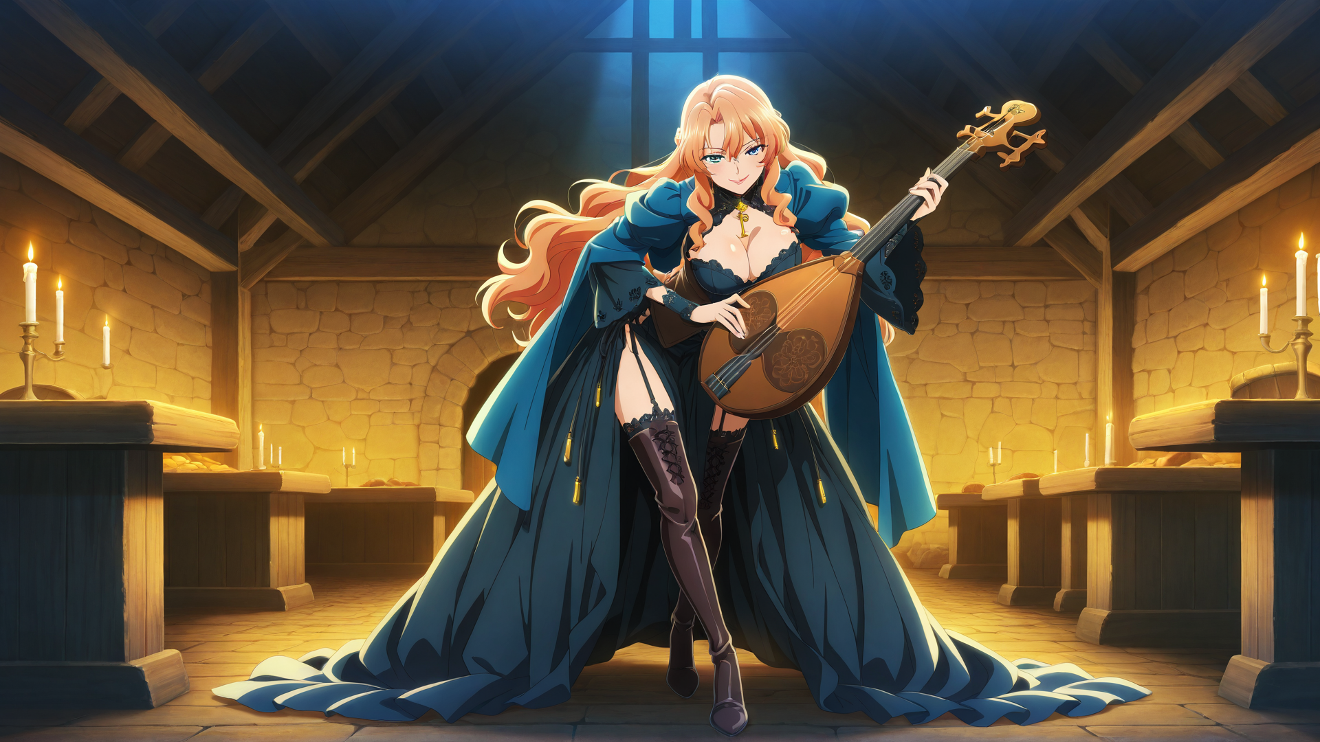 AI generated wallpaper featuring woman, lute, dress