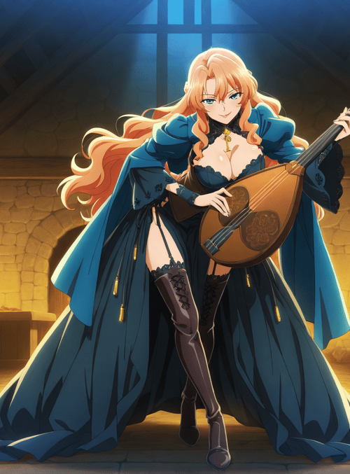 woman, lute, dress