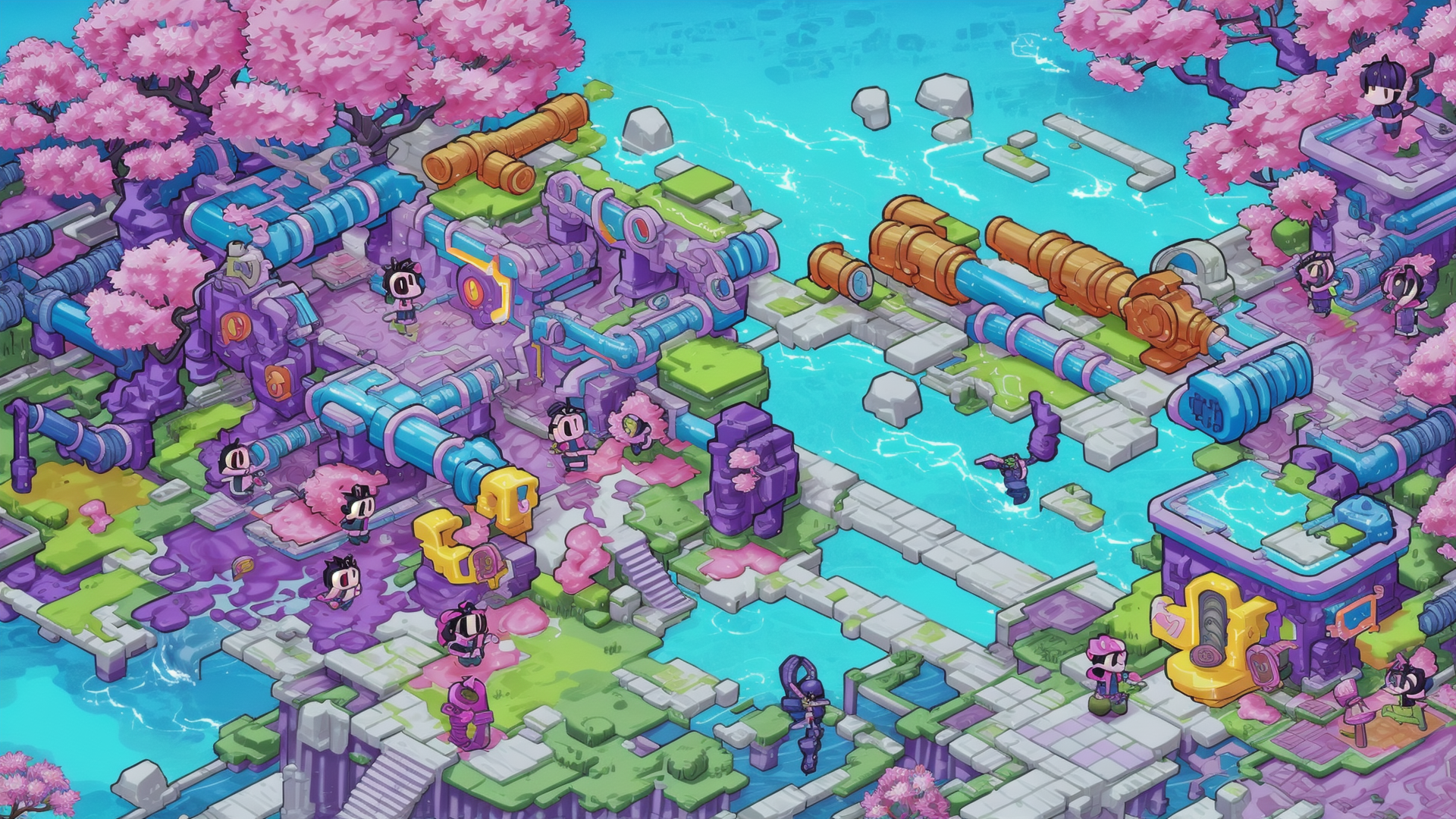 AI generated wallpaper featuring characters, cherry blossoms, pipelines