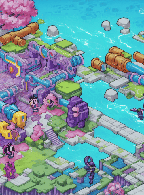 characters, cherry blossoms, pipelines
