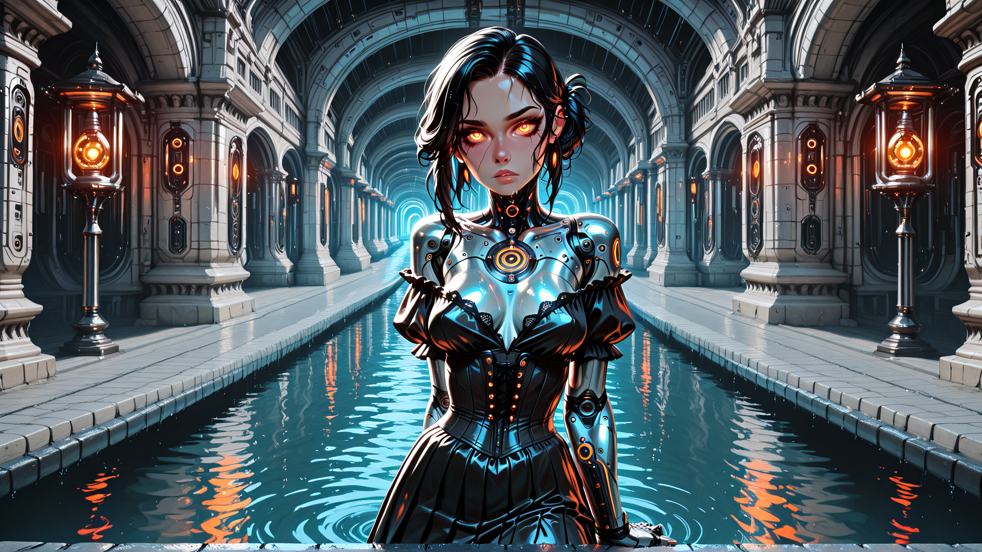 AI generated wallpaper featuring cyborg, woman, corridor, water, lantern, armor, dress, arches, neon, gears