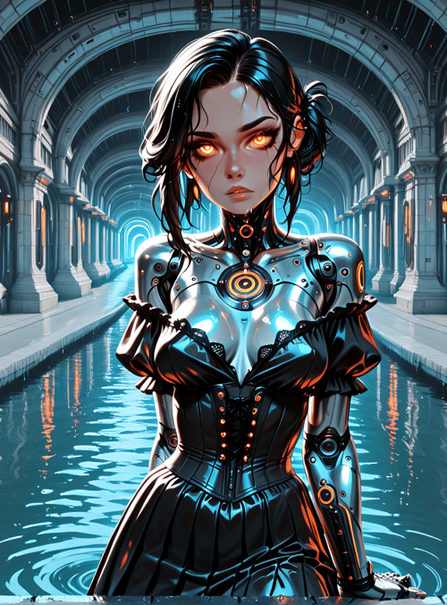 cyborg, woman, corridor, water, lantern, armor, dress, arches, neon, gears