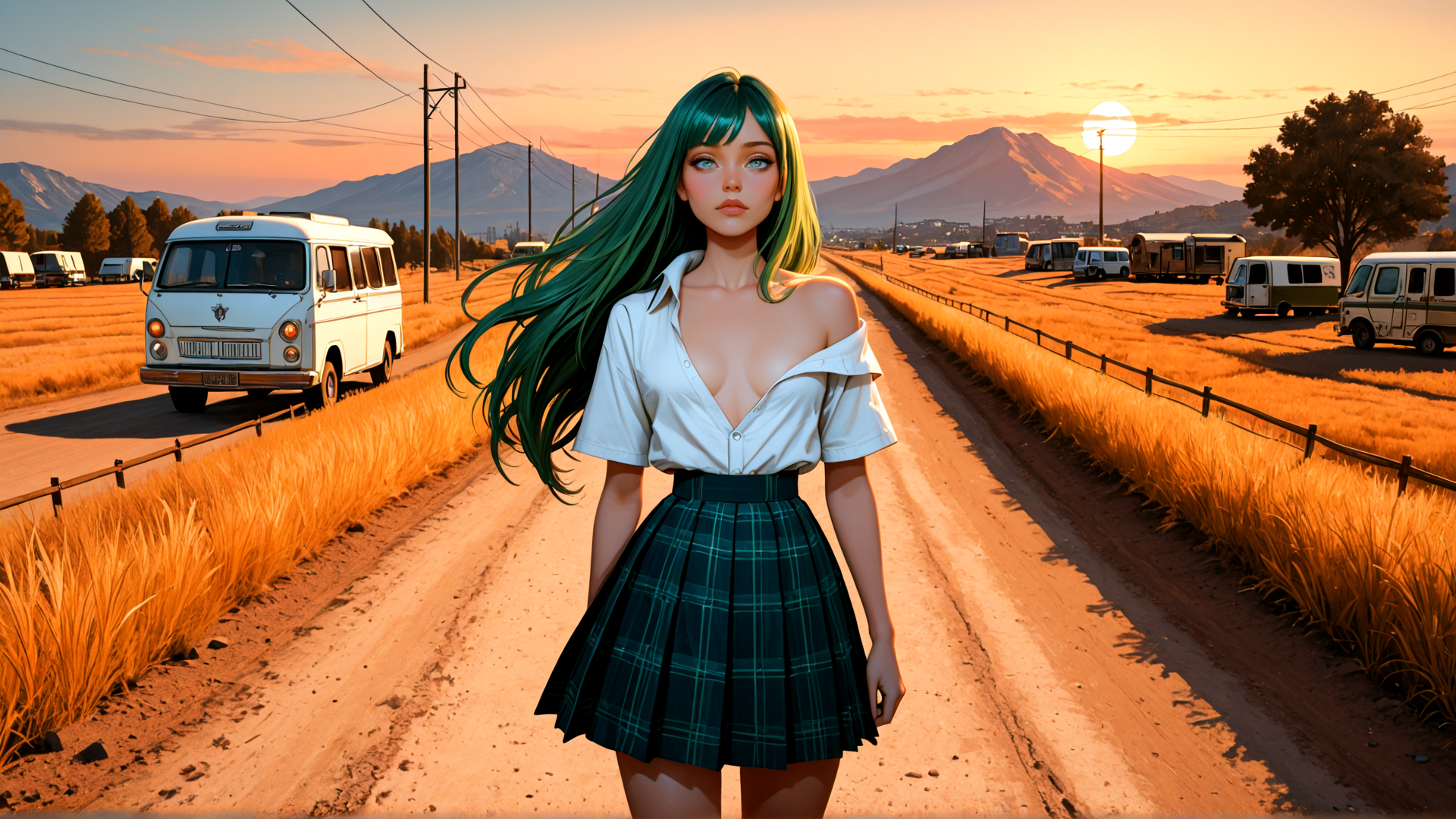 AI generated wallpaper featuring girl, van, road, field, mountain, sun, bus, tree, skirt, hair