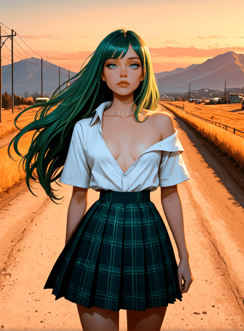 girl, van, road, field, mountain, sun, bus, tree, skirt, hair