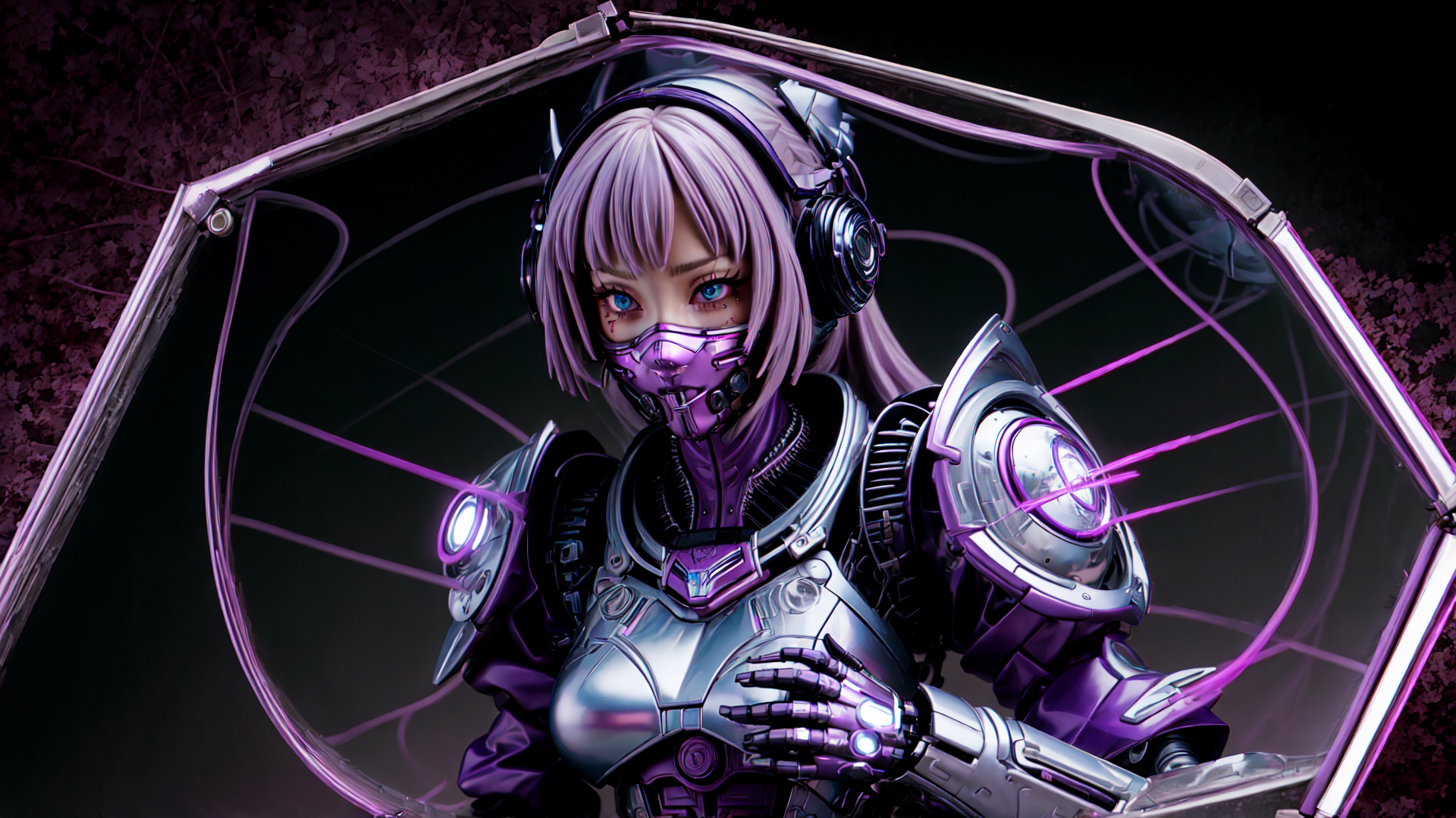 AI generated wallpaper featuring cyborg, girl, robot, armor, helmet, gloves, shield