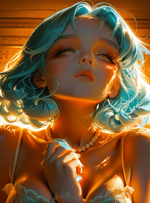 woman, bed, sunlight, pearl necklace, bedroom