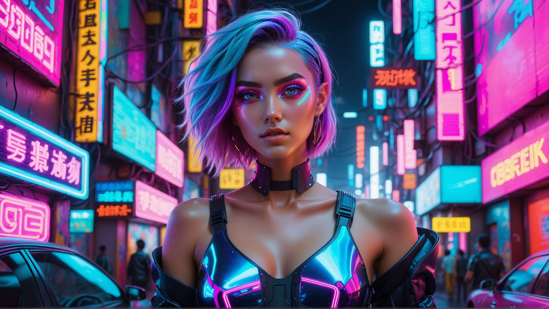AI generated wallpaper featuring cyberpunk woman, neon street