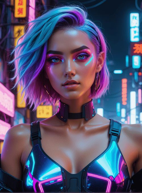 cyberpunk woman, neon street