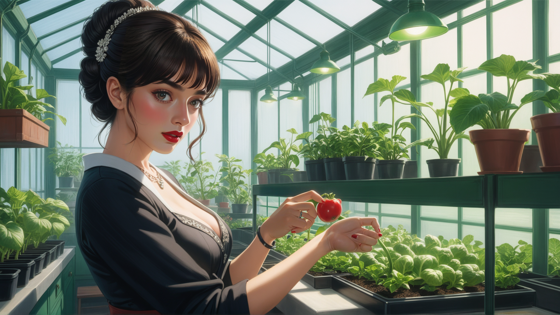 AI generated wallpaper featuring woman, tomato, plants, greenhouse
