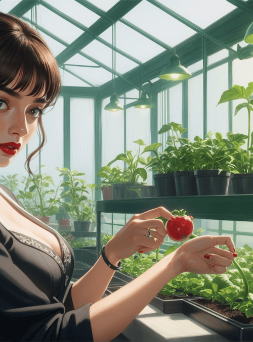 woman, tomato, plants, greenhouse