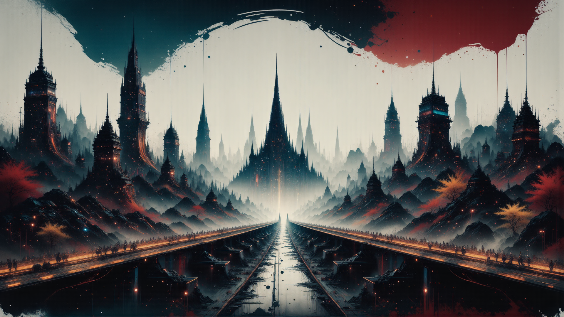 AI generated wallpaper featuring city, castle, tower, mountain, road, sky, bridge, light, tree, fog