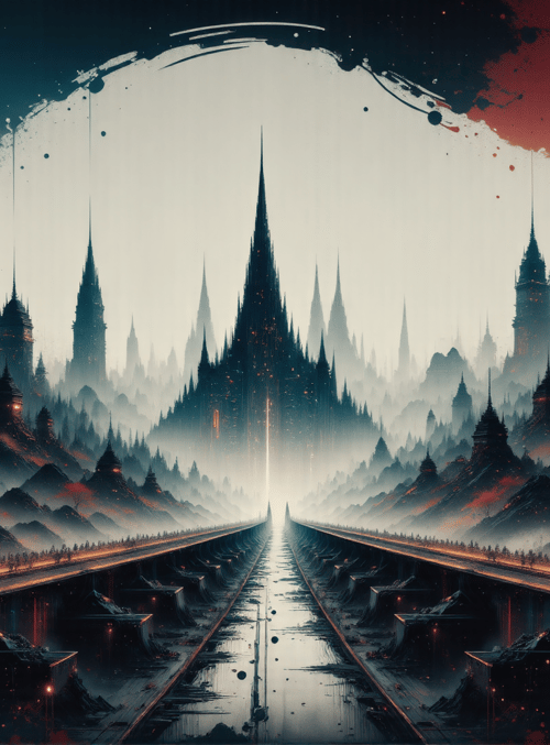 city, castle, tower, mountain, road, sky, bridge, light, tree, fog