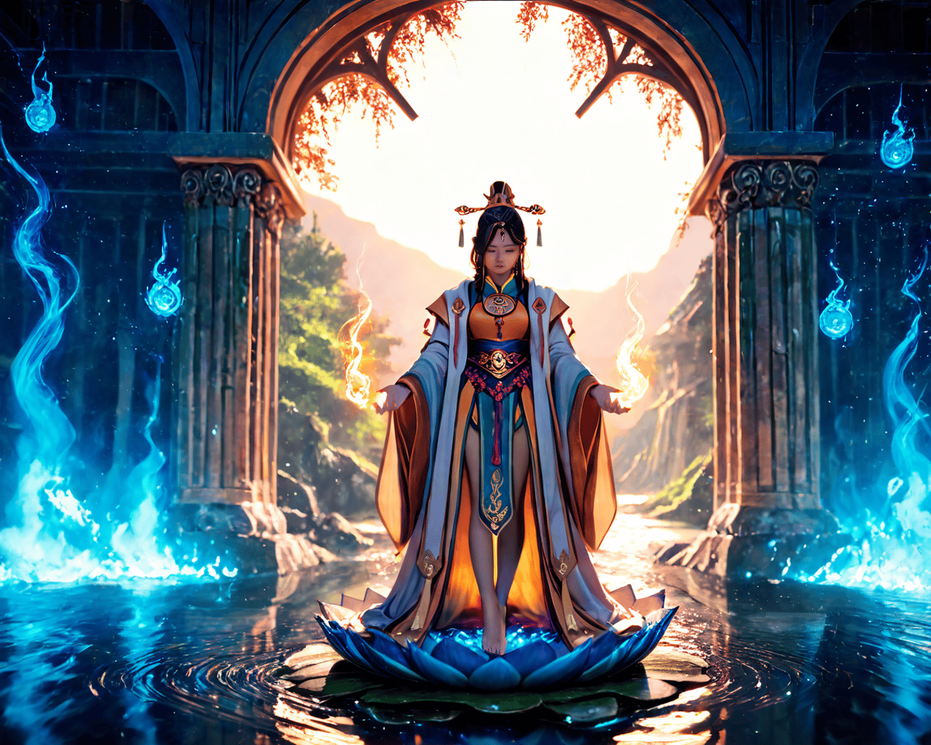 AI generated wallpaper featuring goddess, lotus, ancient