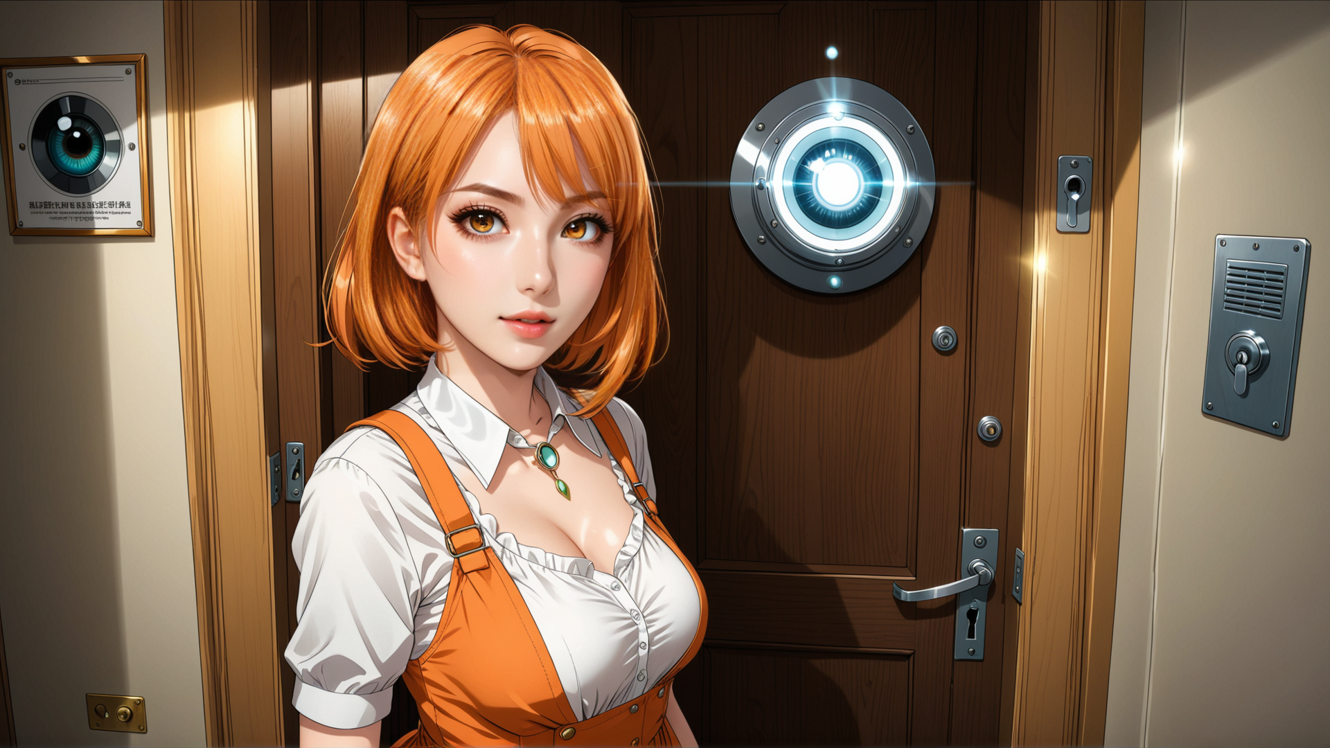 AI generated wallpaper featuring woman, door, overalls
