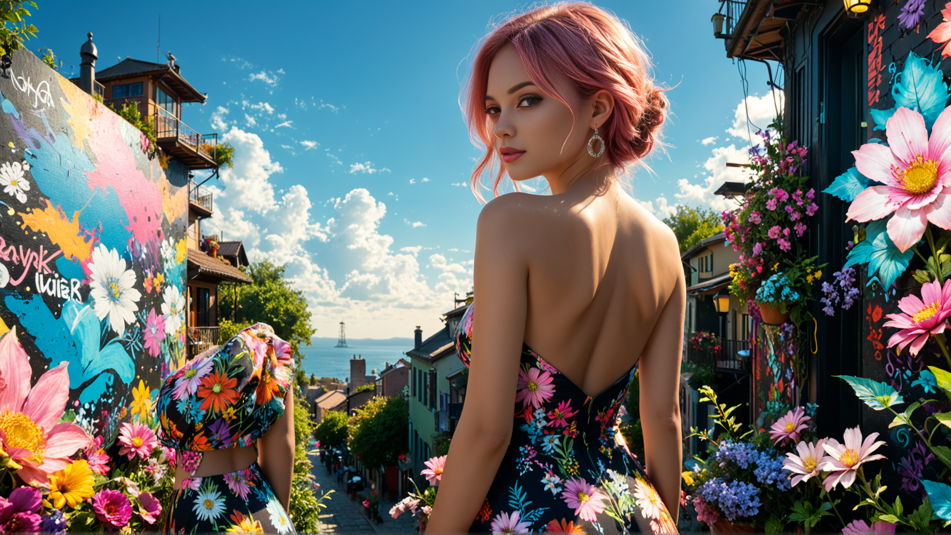AI generated wallpaper featuring woman, flowers, street