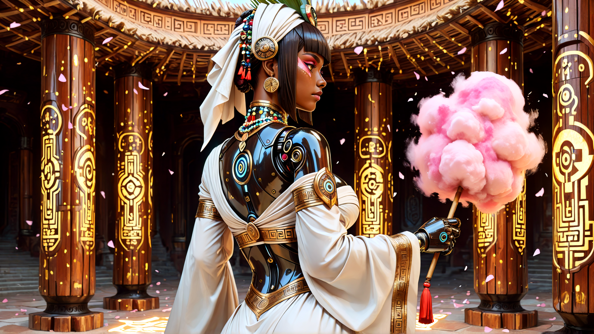 AI generated wallpaper featuring woman, robot, cotton candy, columns, headdress, jewelry