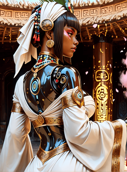 woman, robot, cotton candy, columns, headdress, jewelry