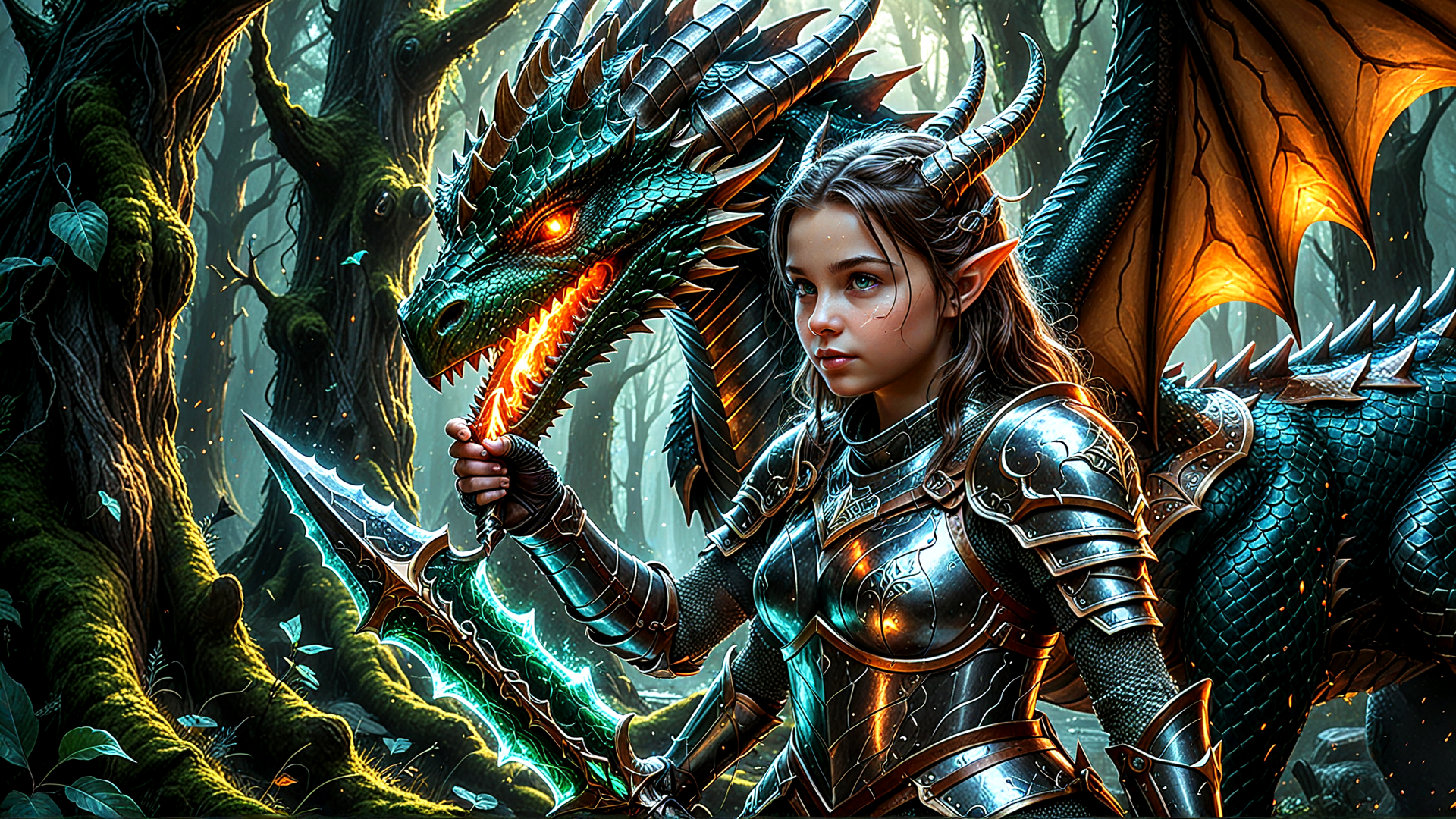 AI generated wallpaper featuring elf, dragon, knight, sword, forest, armor, mystic, fairy, fire, goblin