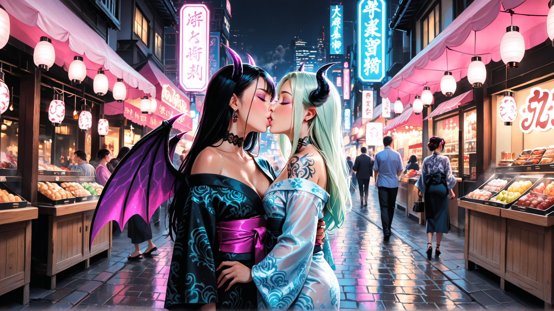 AI generated wallpaper featuring demon, women, kiss, market, street, lanterns, kimono, wings, signs, tattoo