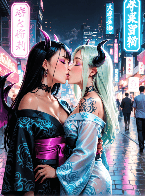 demon, women, kiss, market, street, lanterns, kimono, wings, signs, tattoo