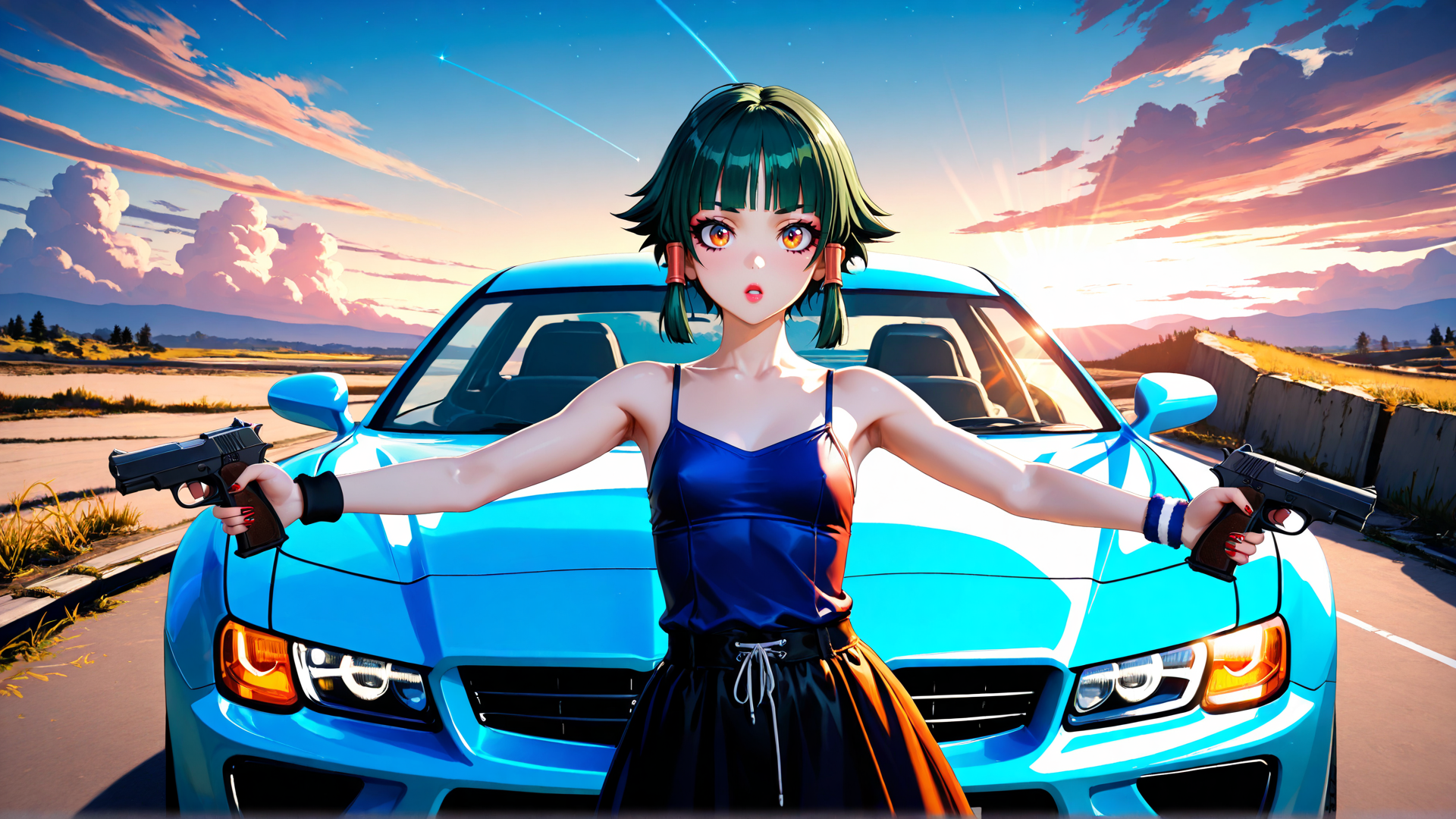 AI generated wallpaper featuring anime girl, car, pistol, sunset, road, sky, clouds, landscape, gun, dress