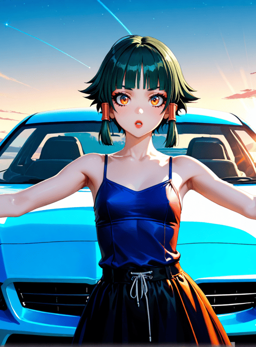 anime girl, car, pistol, sunset, road, sky, clouds, landscape, gun, dress