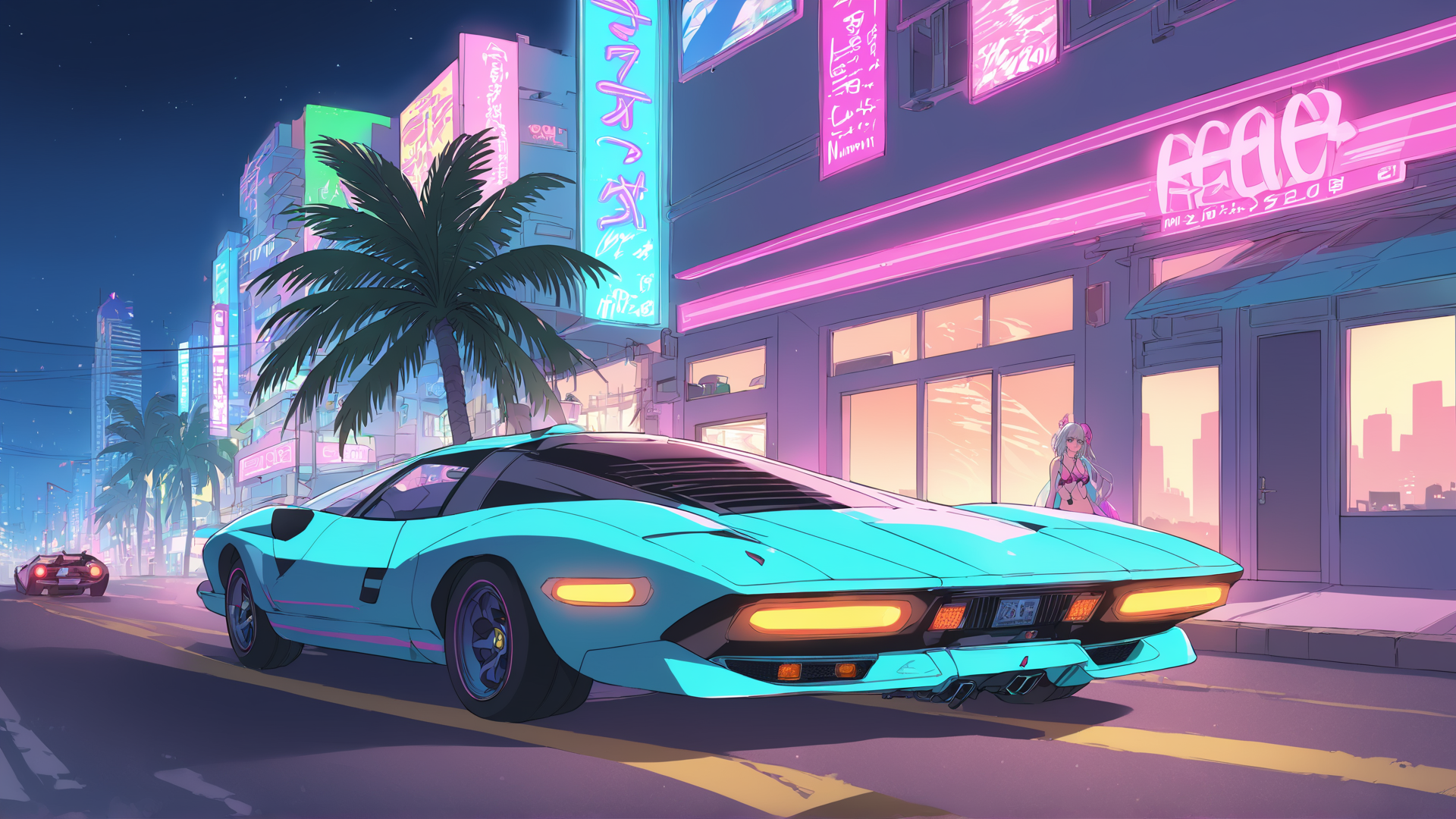 AI generated wallpaper featuring sports car, anime girl, neon signs