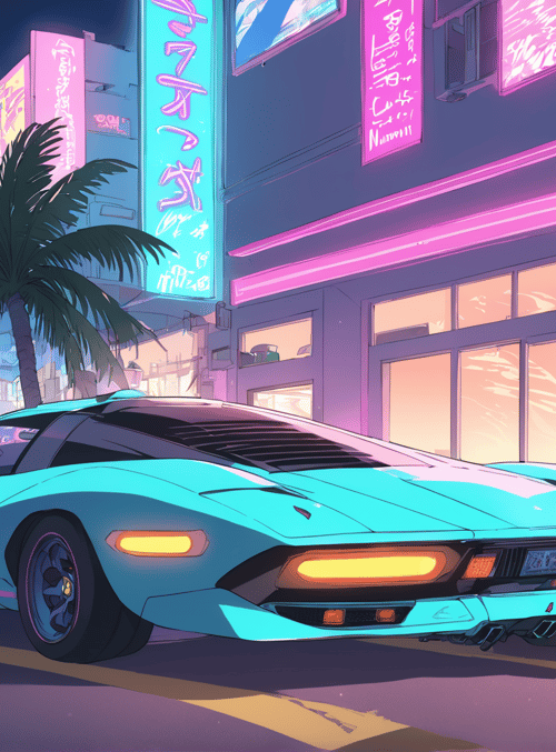sports car, anime girl, neon signs