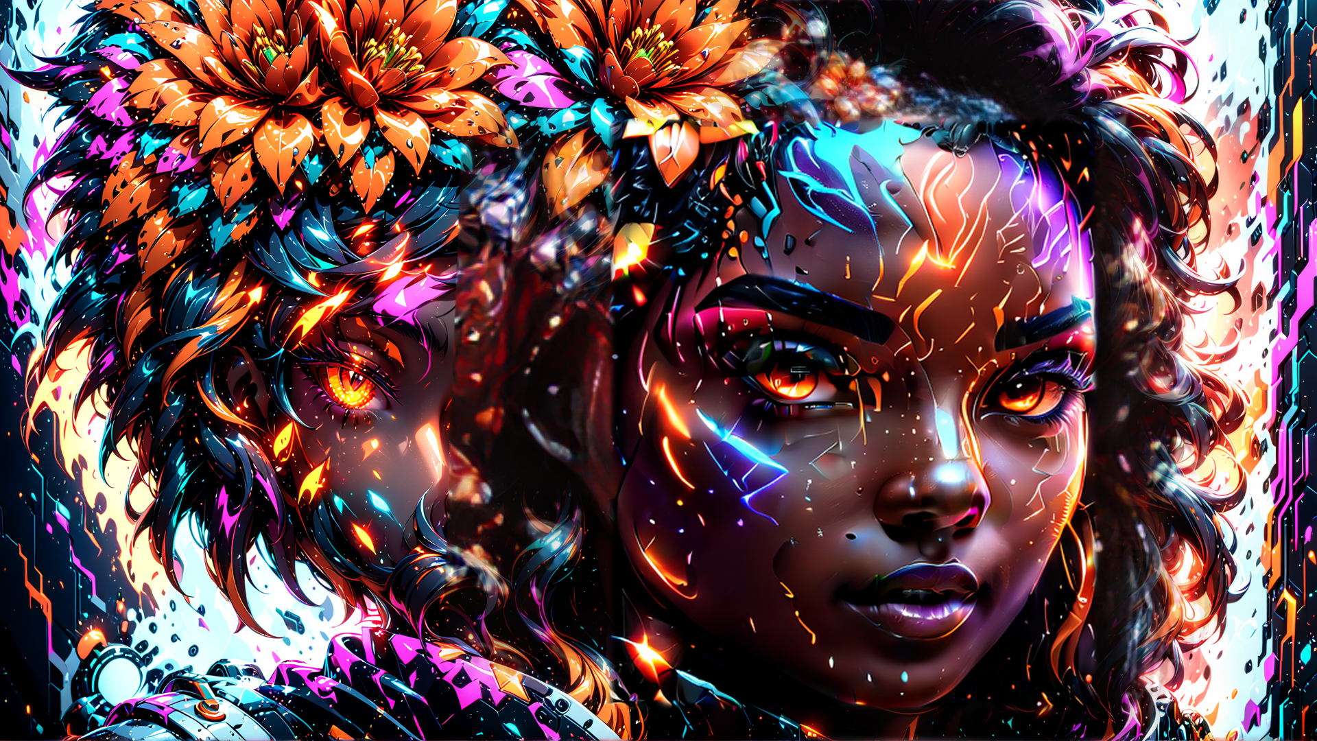 AI generated wallpaper featuring woman, flowers, cybernetics