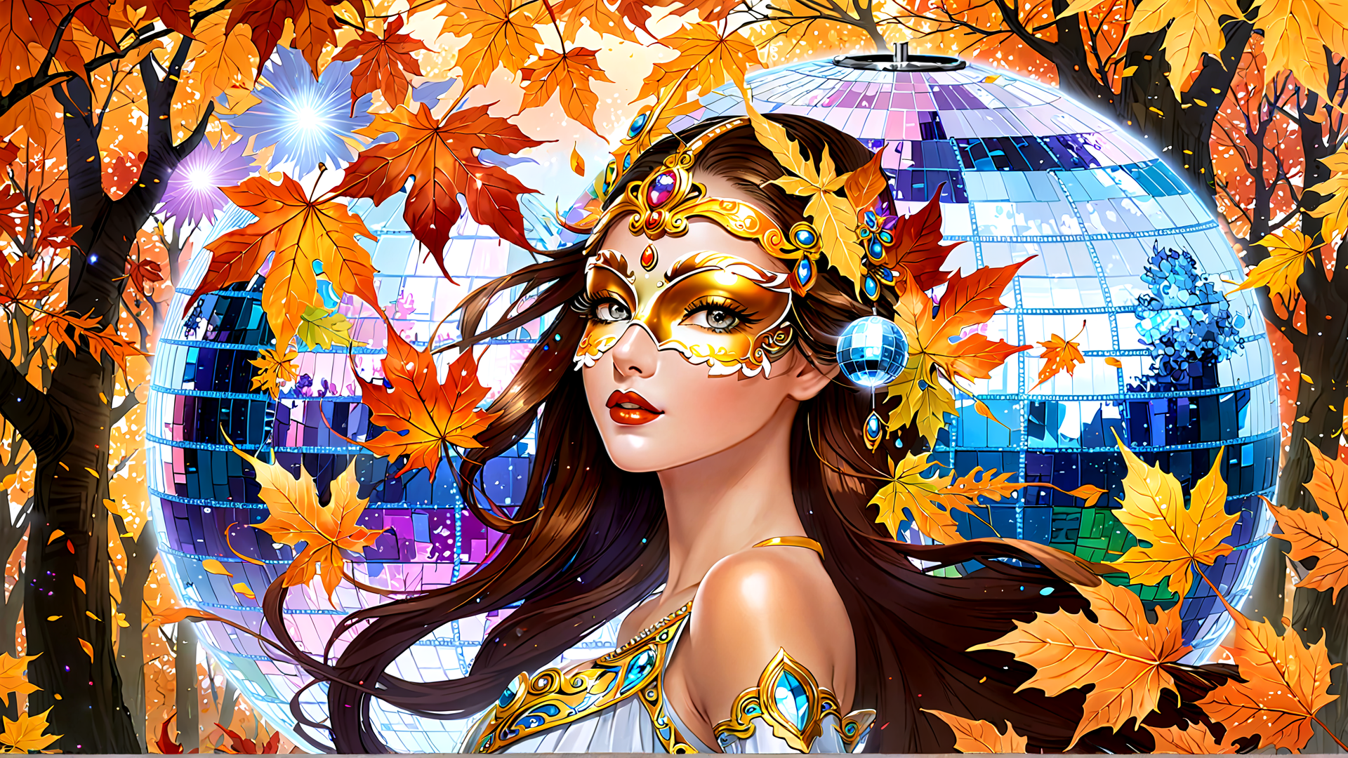 AI generated wallpaper featuring woman, disco ball, leaves, trees, jewelry