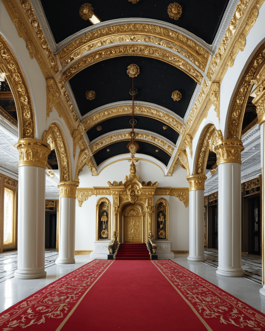 AI generated wallpaper featuring palace, arches, columns, ceiling, carpet, door, ornament, gold, red, staircase
