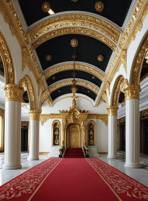 palace, arches, columns, ceiling, carpet, door, ornament, gold, red, staircase