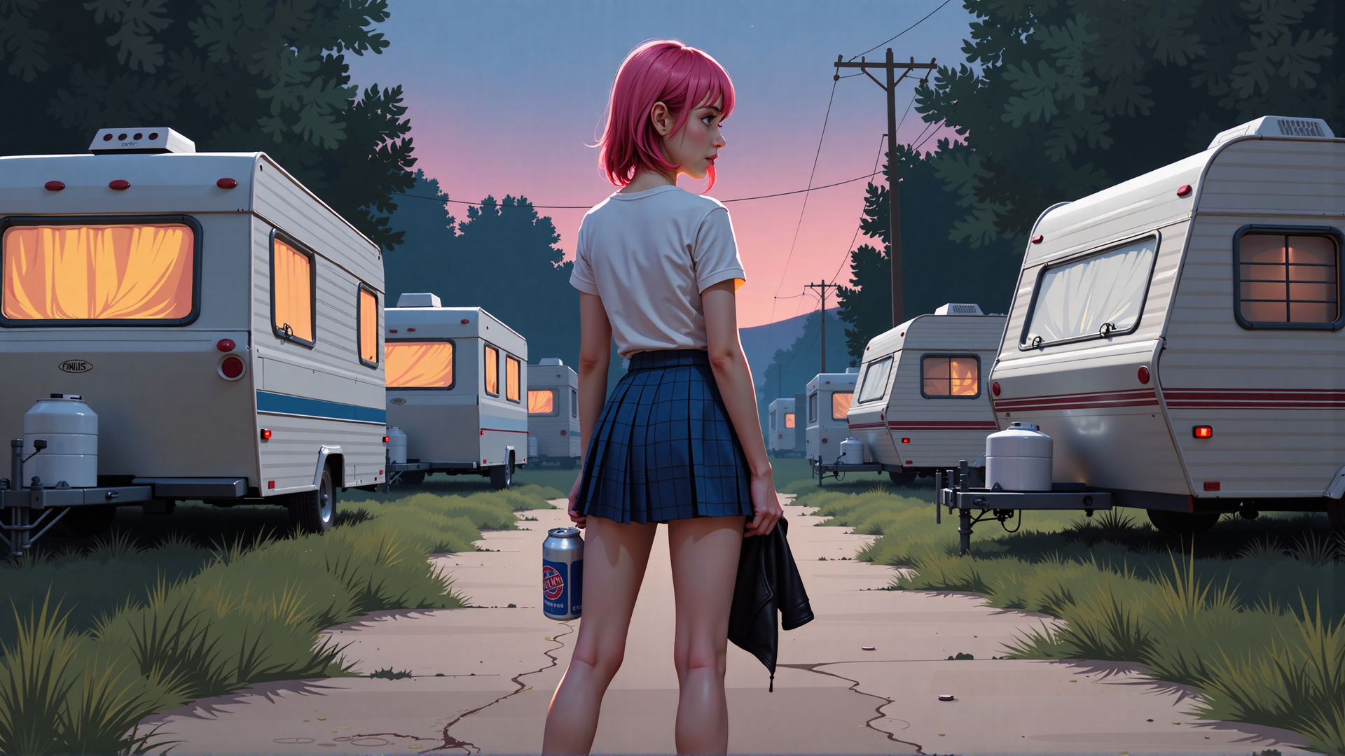 AI generated wallpaper featuring girl, camper, caravan, can, skirt, trees, path, sunset, powerline, bottle