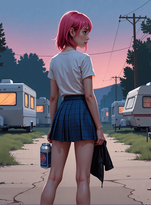 girl, camper, caravan, can, skirt, trees, path, sunset, powerline, bottle