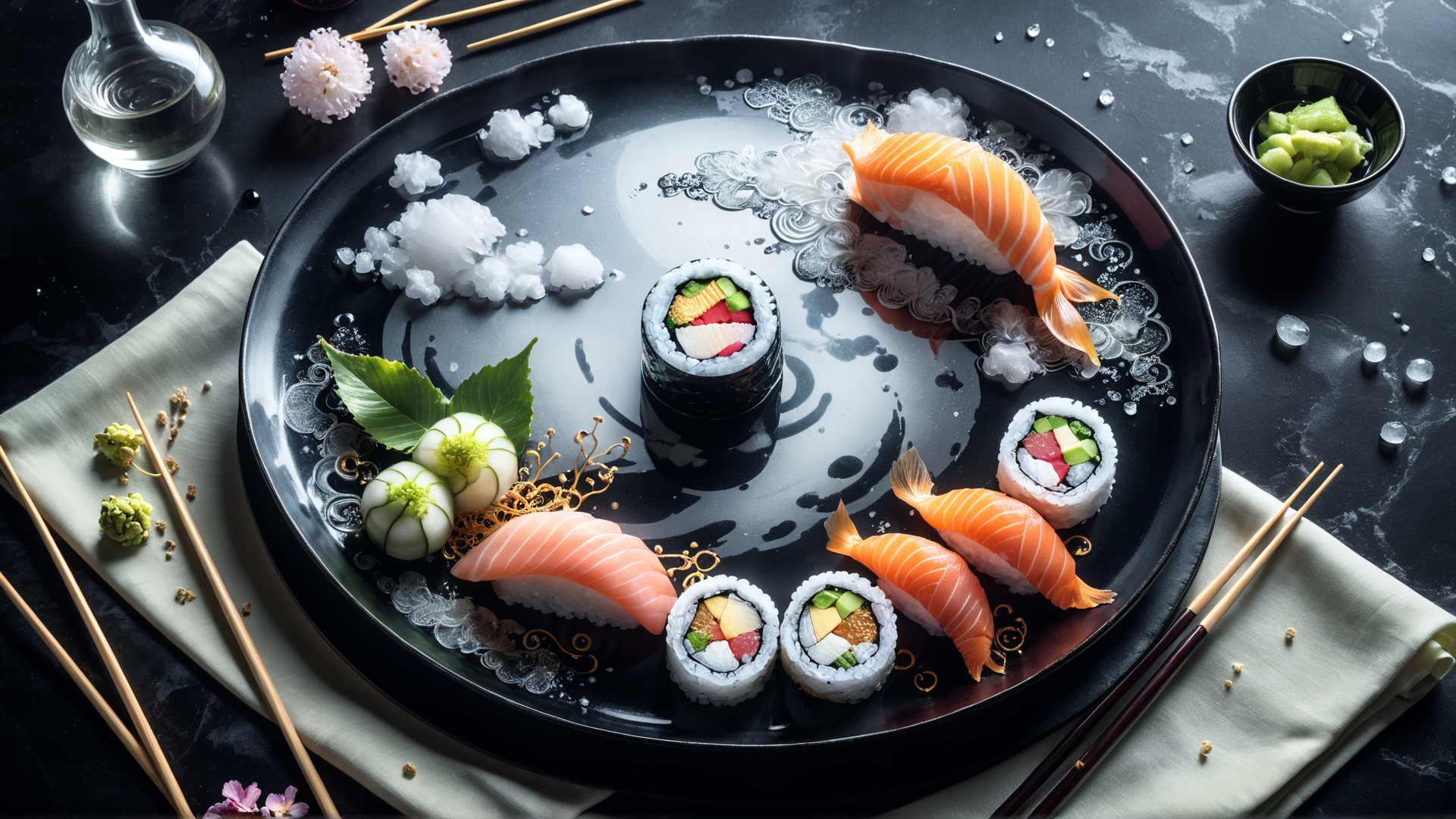 AI generated wallpaper featuring sushi, sashimi, ice