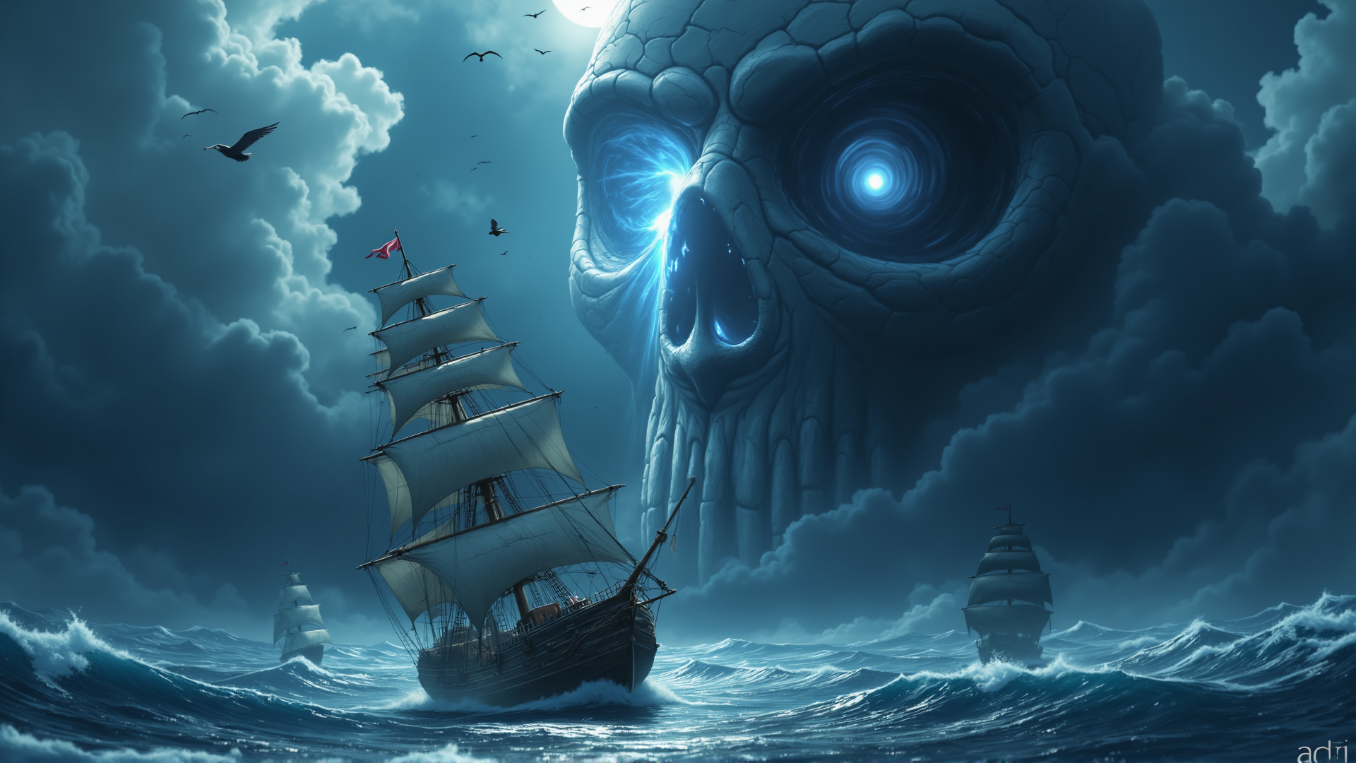 AI generated wallpaper featuring ship, skull, sail