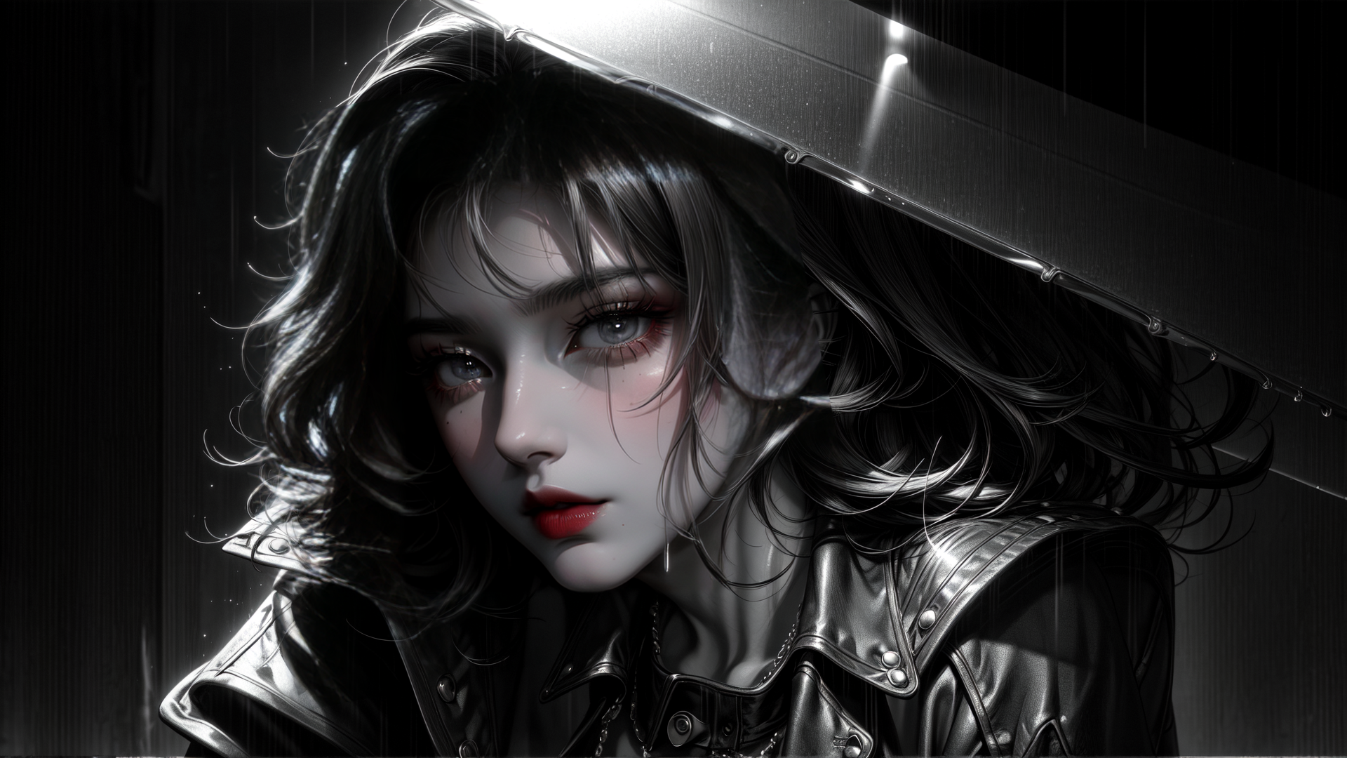 AI generated wallpaper featuring woman, rain, hood