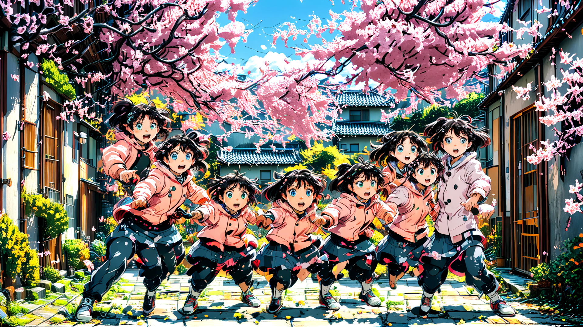 AI generated wallpaper featuring children, cherry blossoms, street