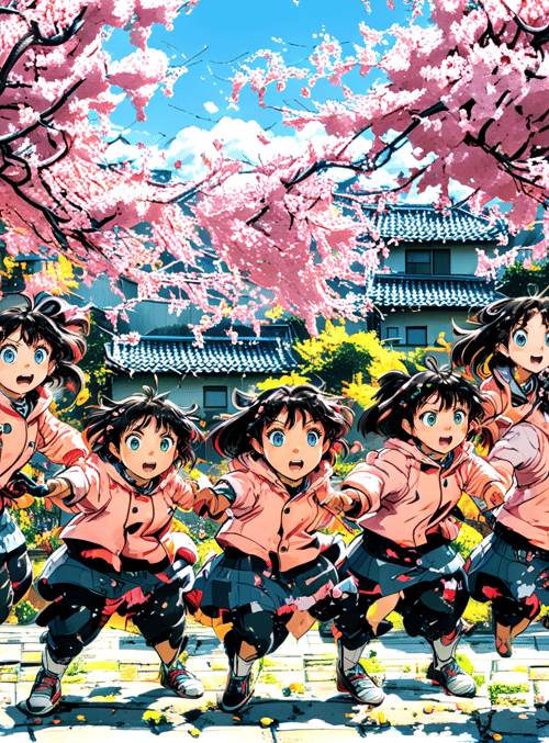 children, cherry blossoms, street