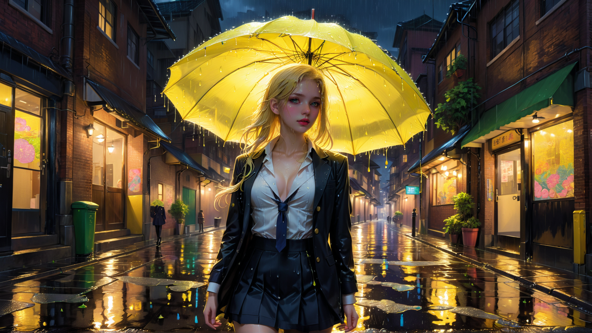 AI generated wallpaper featuring woman, umbrella, street, rain, building, store